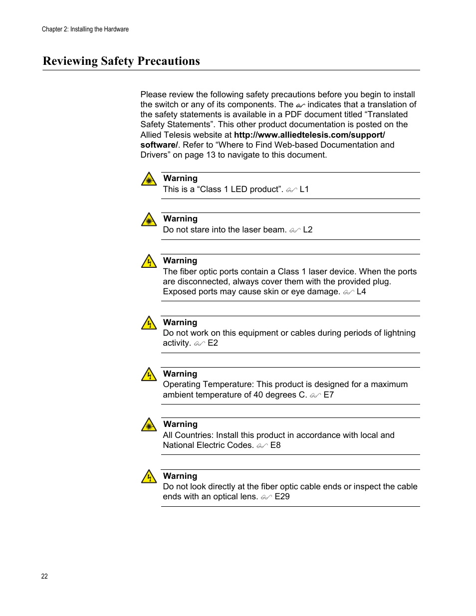 Reviewing safety precautions | Allied Telesis AT-2872SX User Manual | Page 22 / 78