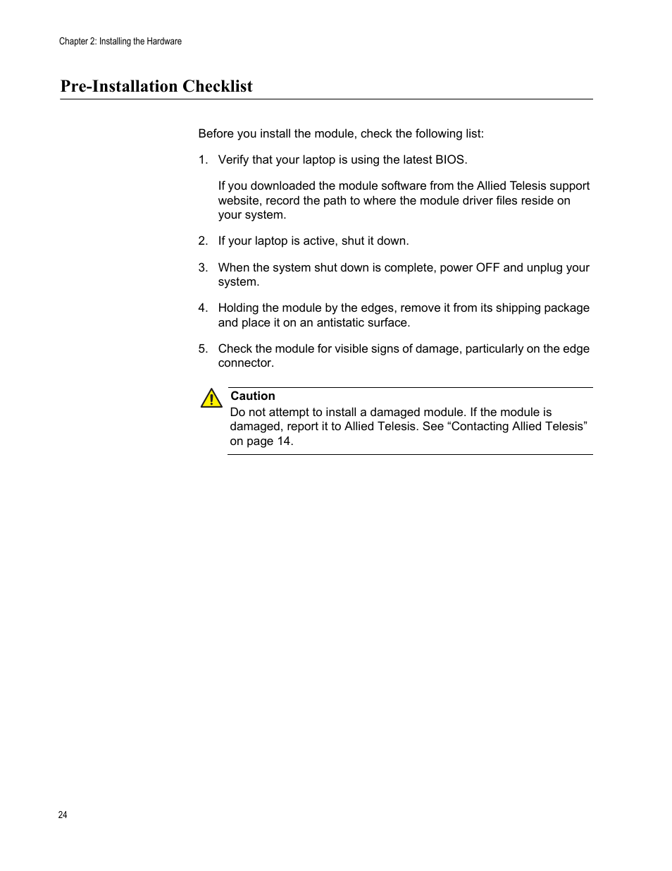 Pre-installation checklist | Allied Telesis AT-2872SX User Manual | Page 24 / 78