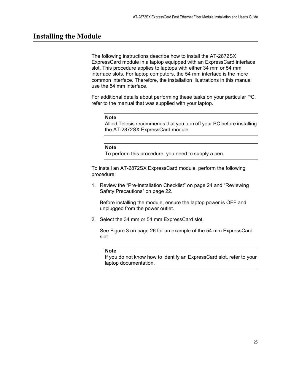 Installing the module | Allied Telesis AT-2872SX User Manual | Page 25 / 78