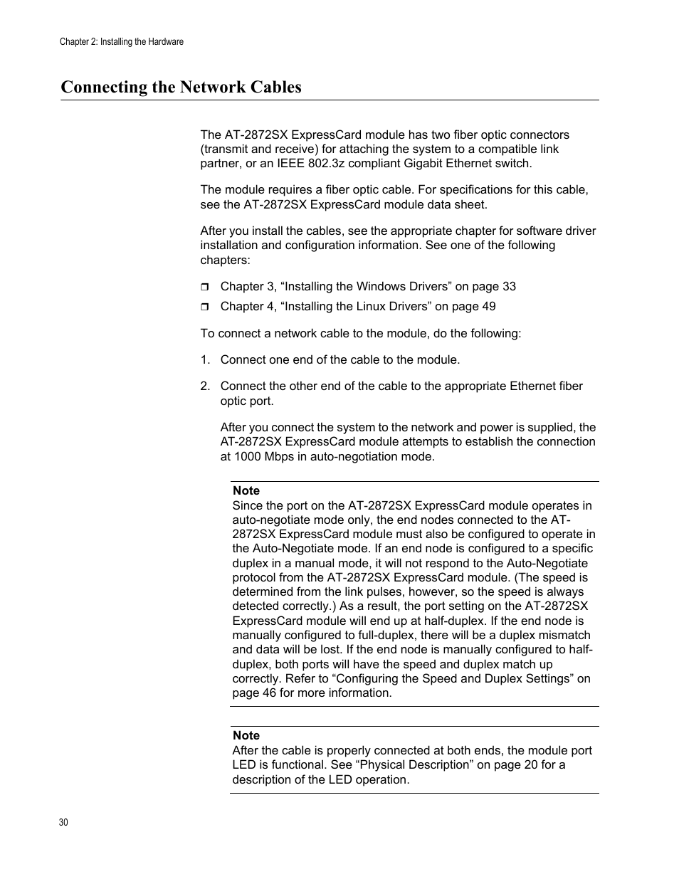 Connecting the network cables | Allied Telesis AT-2872SX User Manual | Page 30 / 78