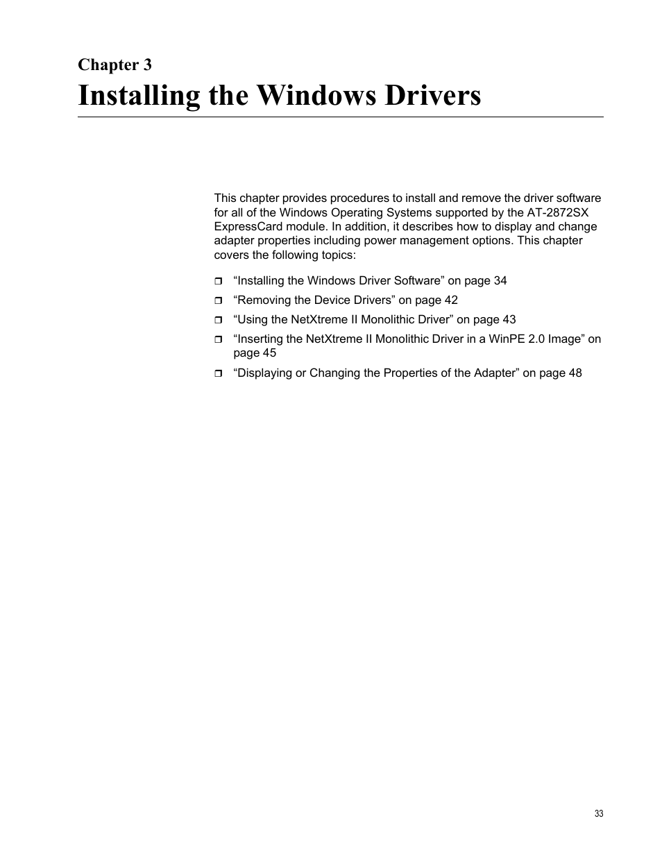 Chapter 3, Installing the windows drivers, R 3: installing the windows drivers | Allied Telesis AT-2872SX User Manual | Page 33 / 78