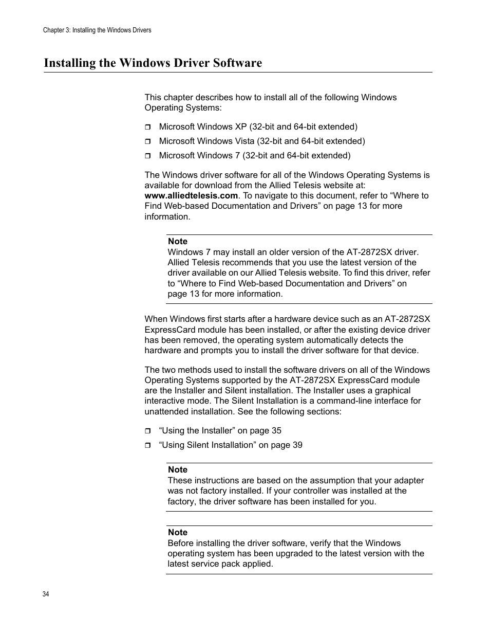 Installing the windows driver software | Allied Telesis AT-2872SX User Manual | Page 34 / 78