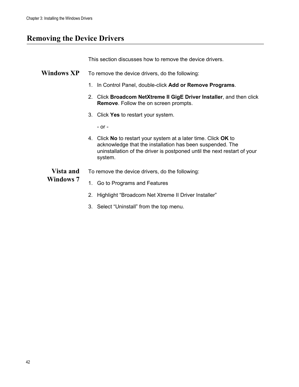 Removing the device drivers, Windows xp, Vista and windows 7 | Windows xp vista and windows 7 | Allied Telesis AT-2872SX User Manual | Page 42 / 78