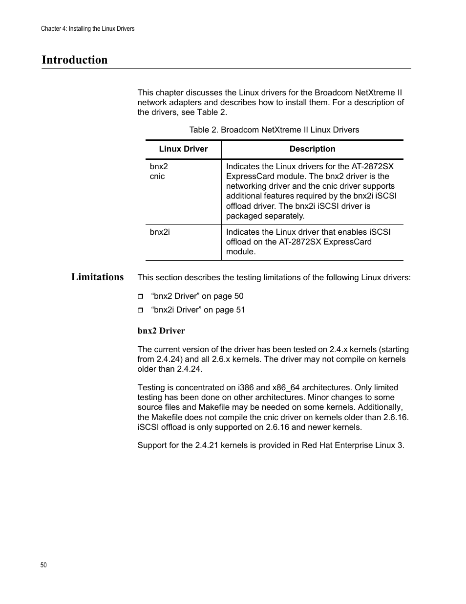 Introduction, Limitations, Table 3: broadcom netxtreme ii linux drivers | Allied Telesis AT-2872SX User Manual | Page 50 / 78