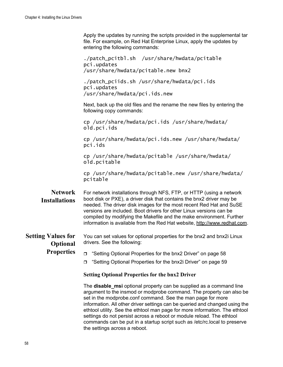 Network installations, Setting values for optional properties | Allied Telesis AT-2872SX User Manual | Page 58 / 78