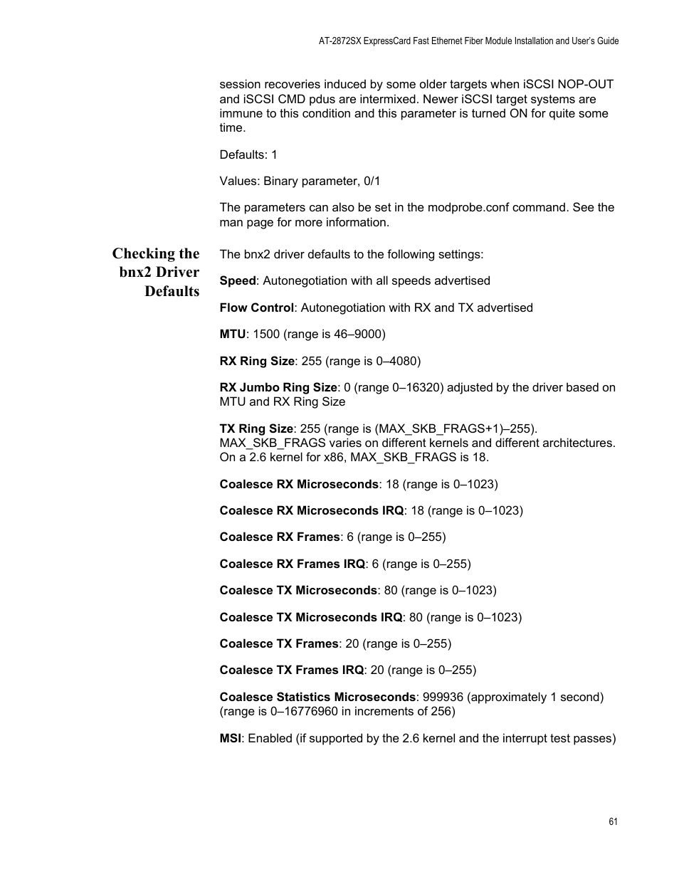 Checking the bnx2 driver defaults | Allied Telesis AT-2872SX User Manual | Page 61 / 78