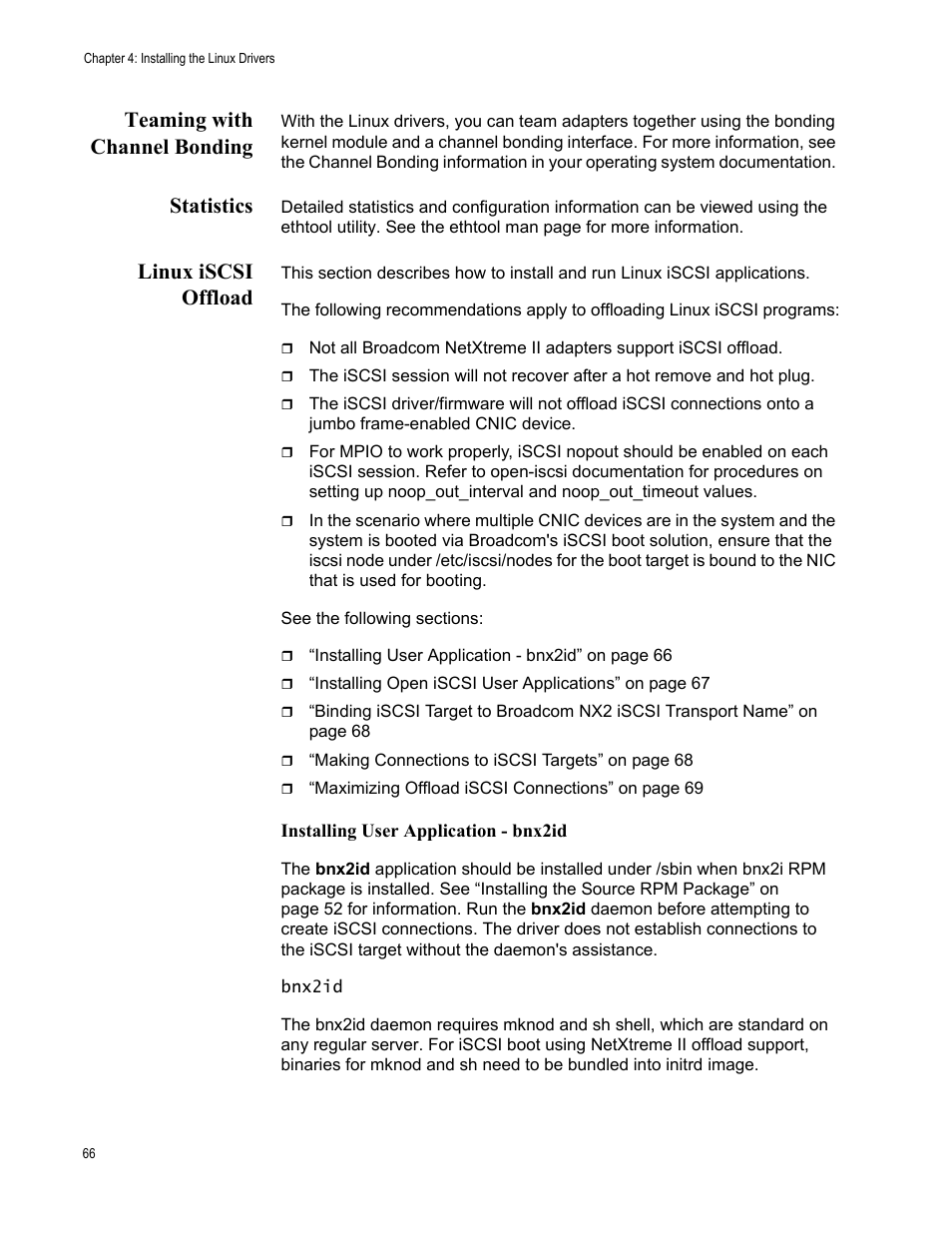 Teaming with channel bonding, Statistics, Linux iscsi offload | Allied Telesis AT-2872SX User Manual | Page 66 / 78