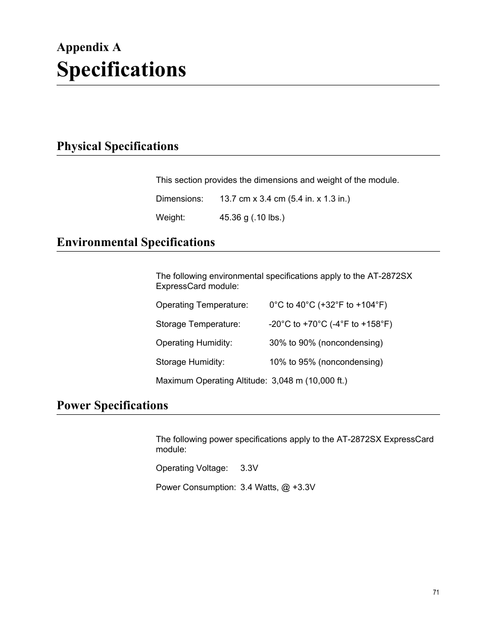 Appendix a, Specifications, Physical specifications | Environmental specifications, Power specifications, Appendix a: specifications | Allied Telesis AT-2872SX User Manual | Page 71 / 78