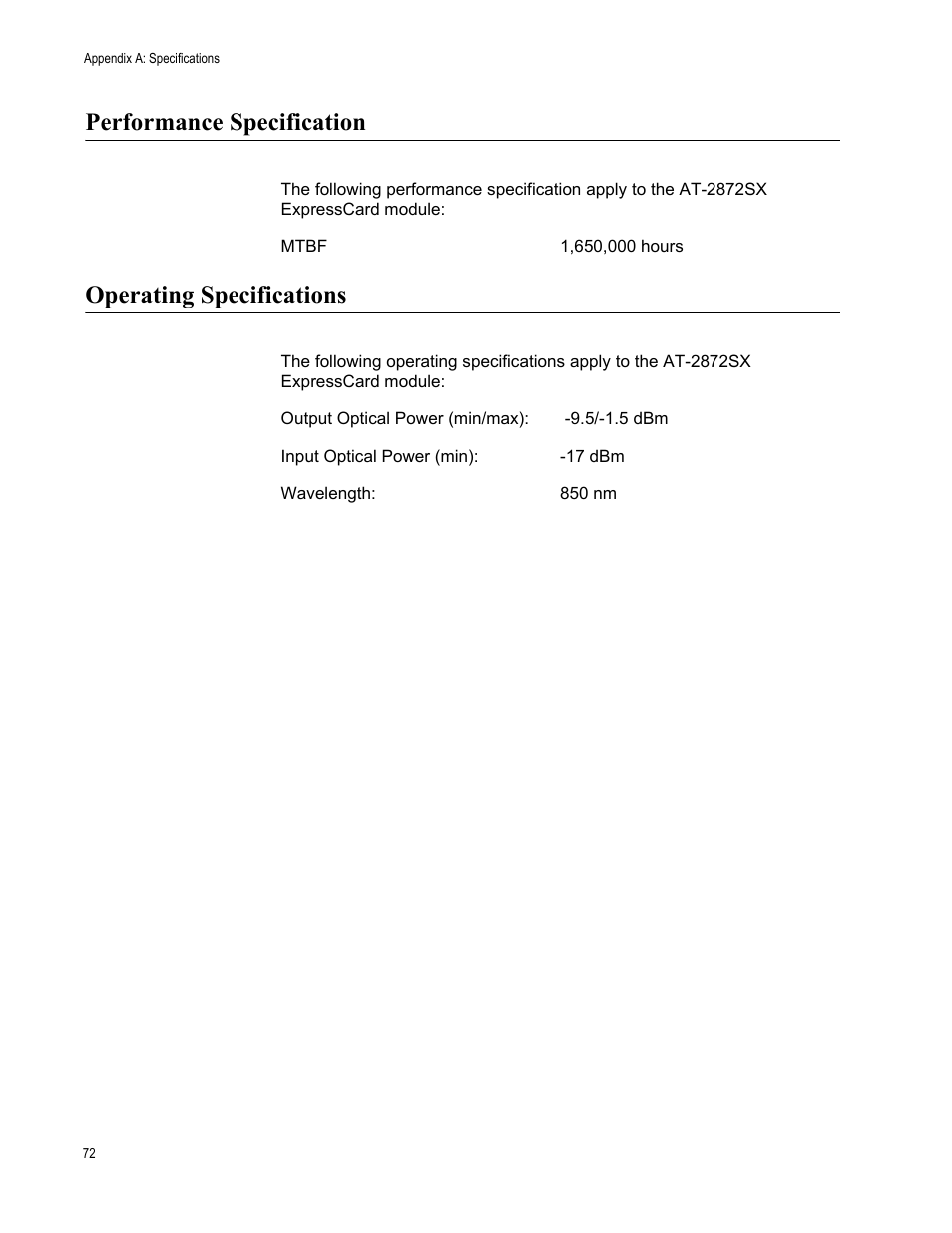 Performance specification, Operating specifications, Performance specification operating specifications | Allied Telesis AT-2872SX User Manual | Page 72 / 78