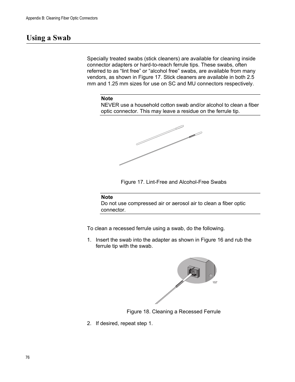 Using a swab, Figure 17. lint-free and alcohol-free swabs, Cleaning a recessed ferrule | Allied Telesis AT-2872SX User Manual | Page 76 / 78