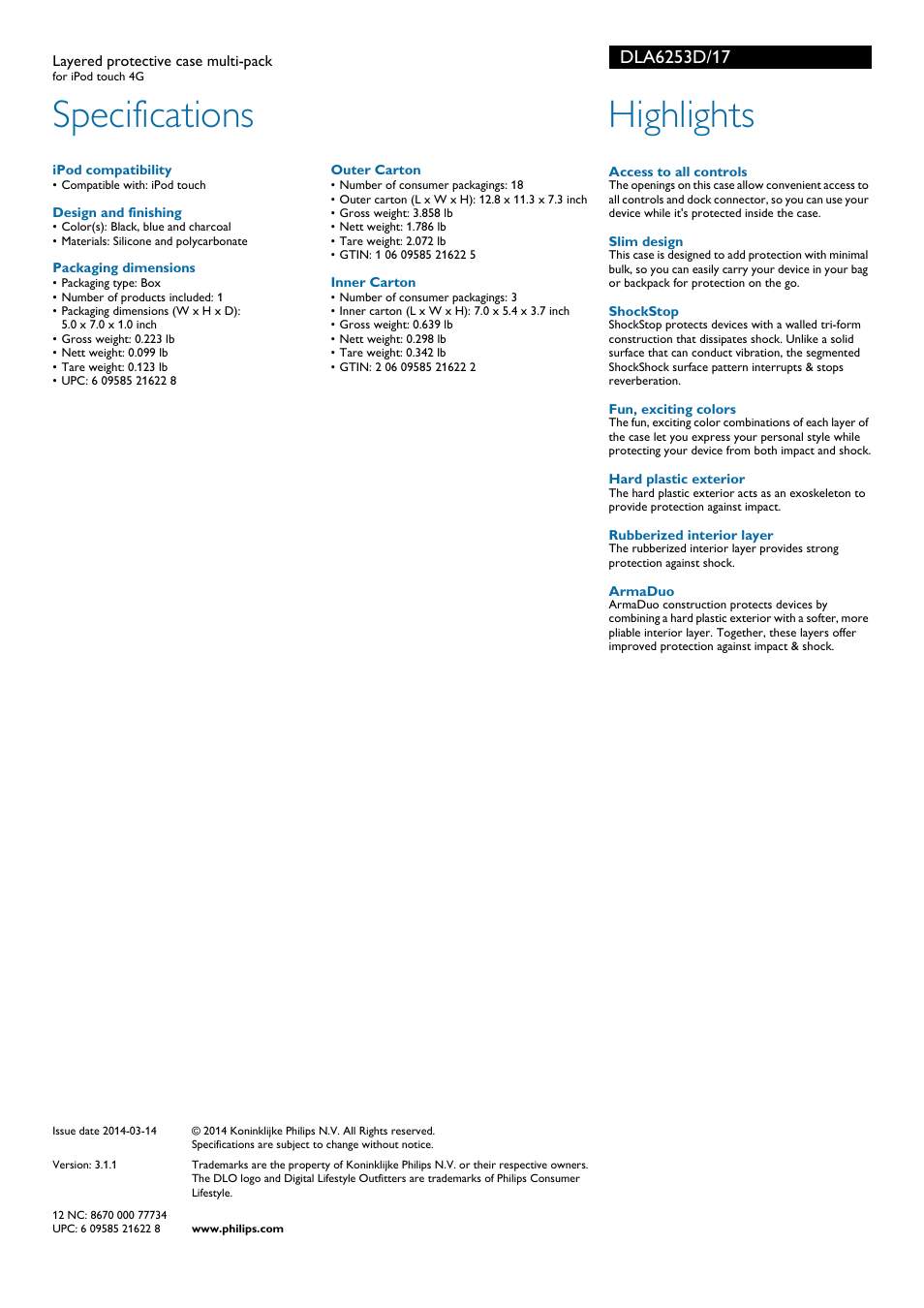 Specifications, Highlights | Philips DLA6253D-17 User Manual | Page 2 / 2