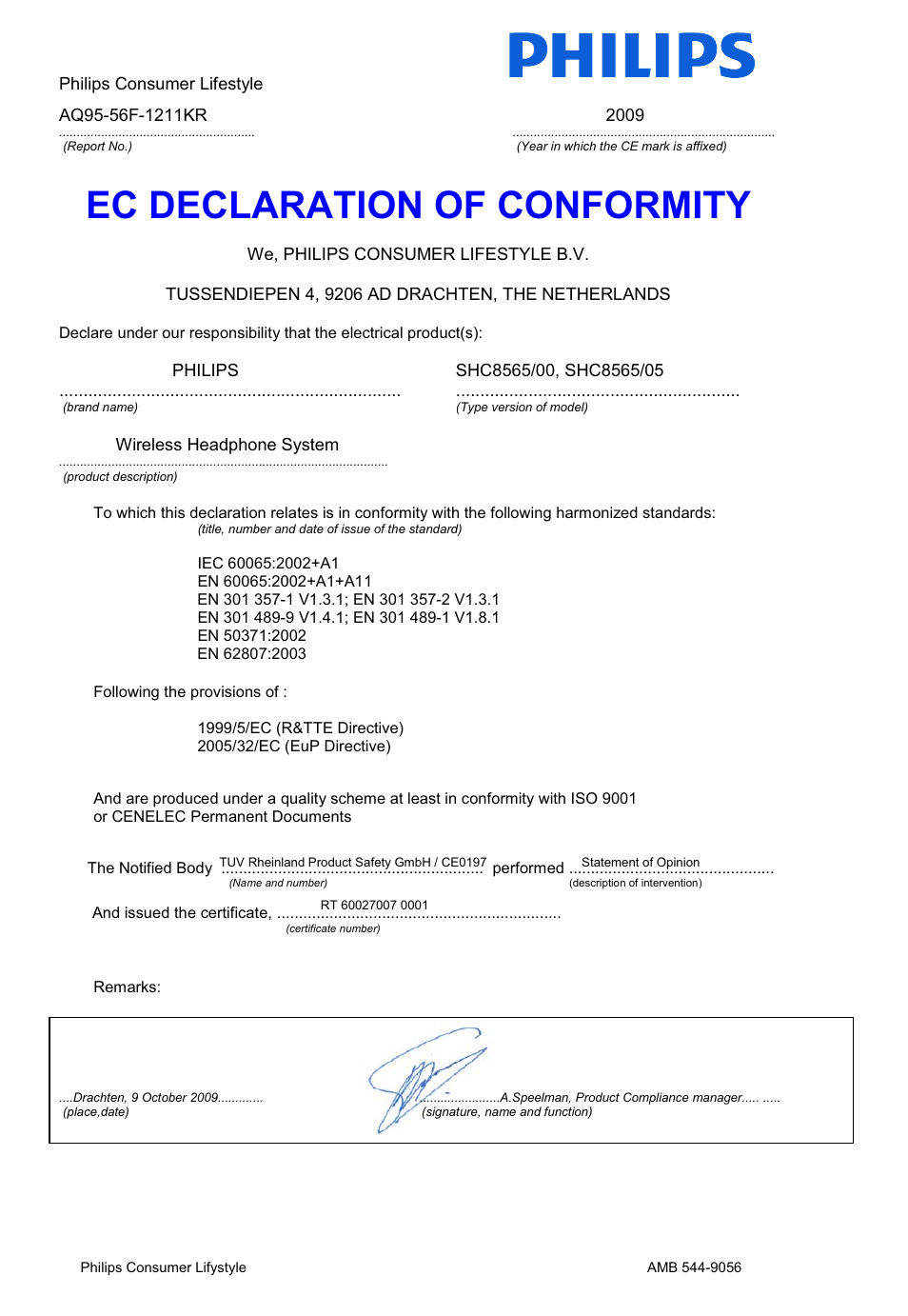 Ec declaration of conformity | Philips SHC8565-00 User Manual | Page 148 / 150