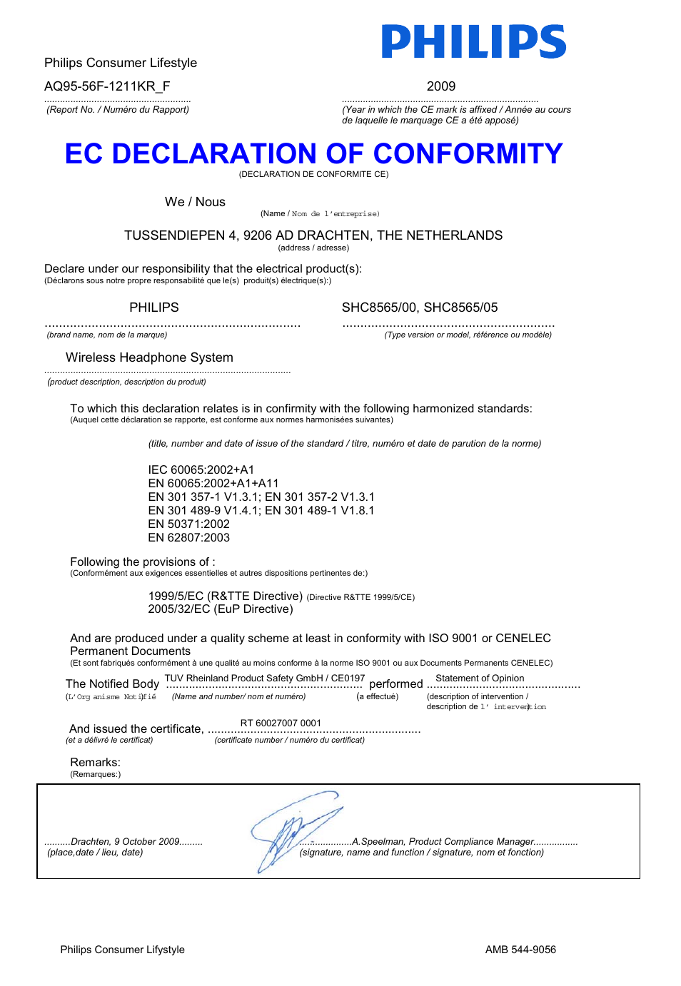 Ec declaration of conformity | Philips SHC8565-00 User Manual | Page 149 / 150