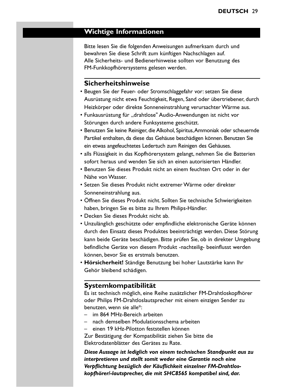 Wichtige informationen, Sicherheitshinweise, Systemkompatibilität | Philips SHC8565-00 User Manual | Page 29 / 150