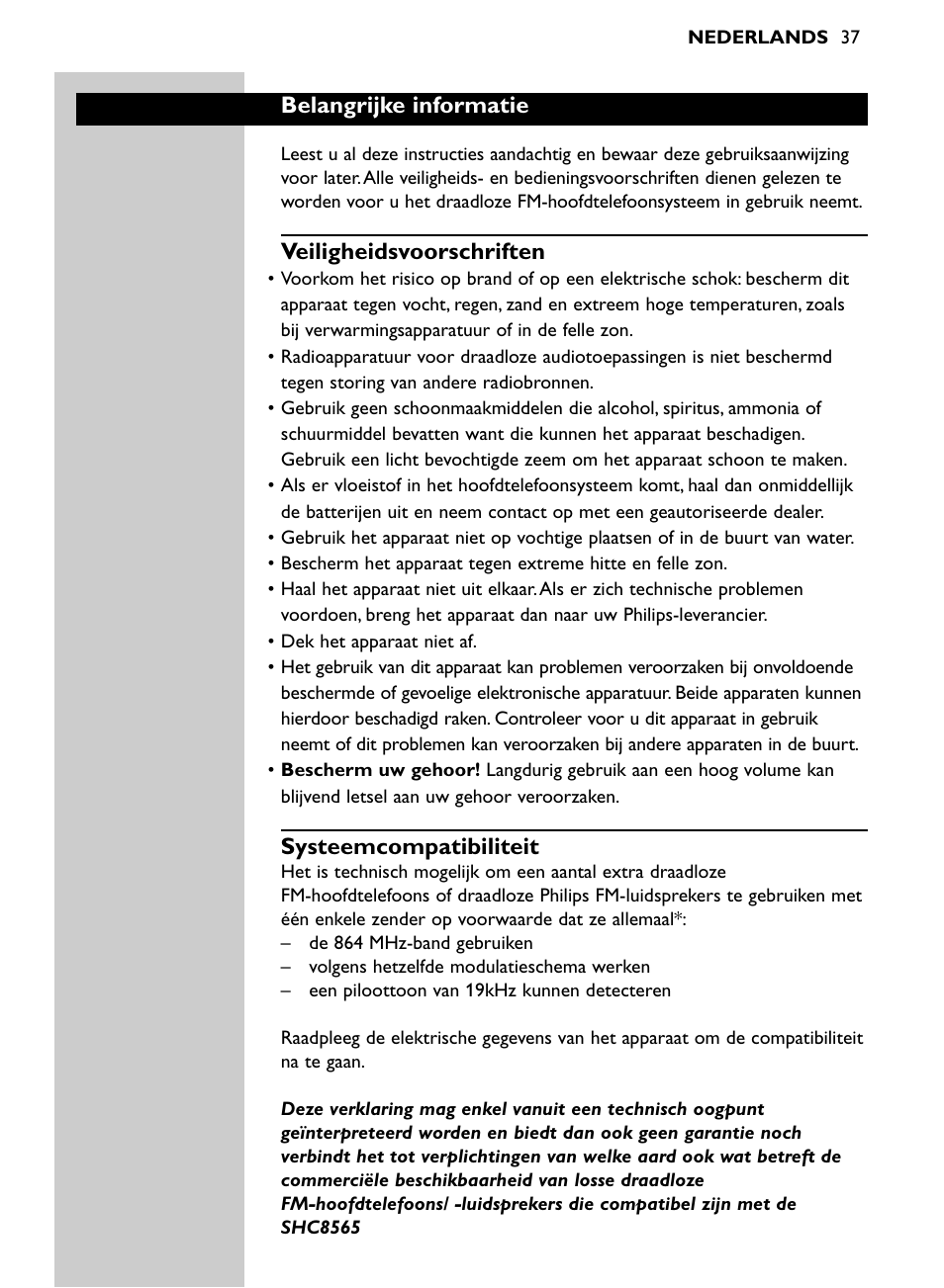 Belangrijke informatie, Veiligheidsvoorschriften, Systeemcompatibiliteit | Philips SHC8565-00 User Manual | Page 37 / 150