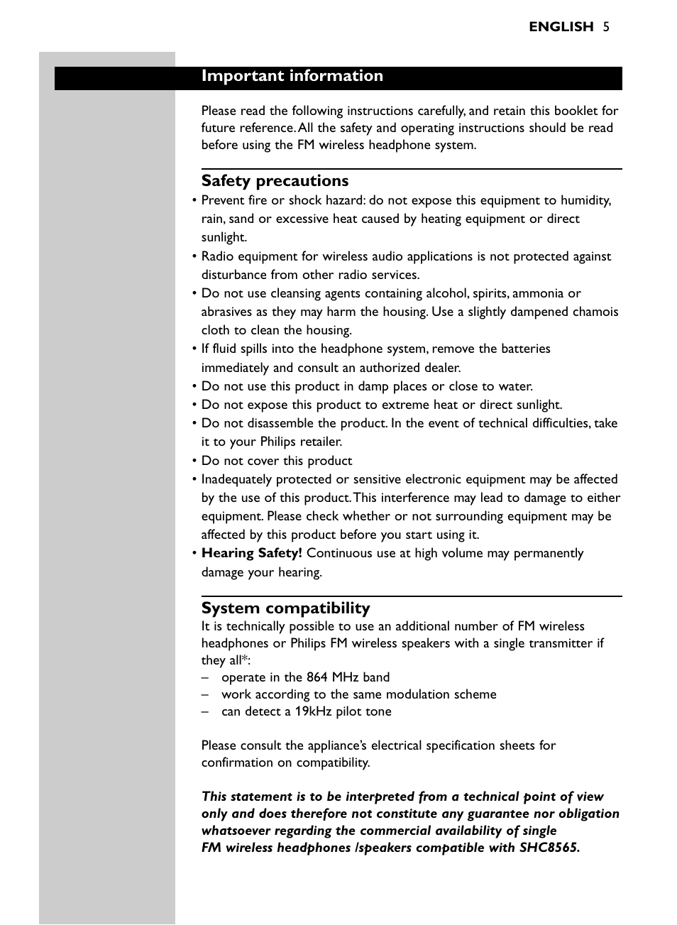 Important information, Safety precautions, System compatibility | Philips SHC8565-00 User Manual | Page 5 / 150