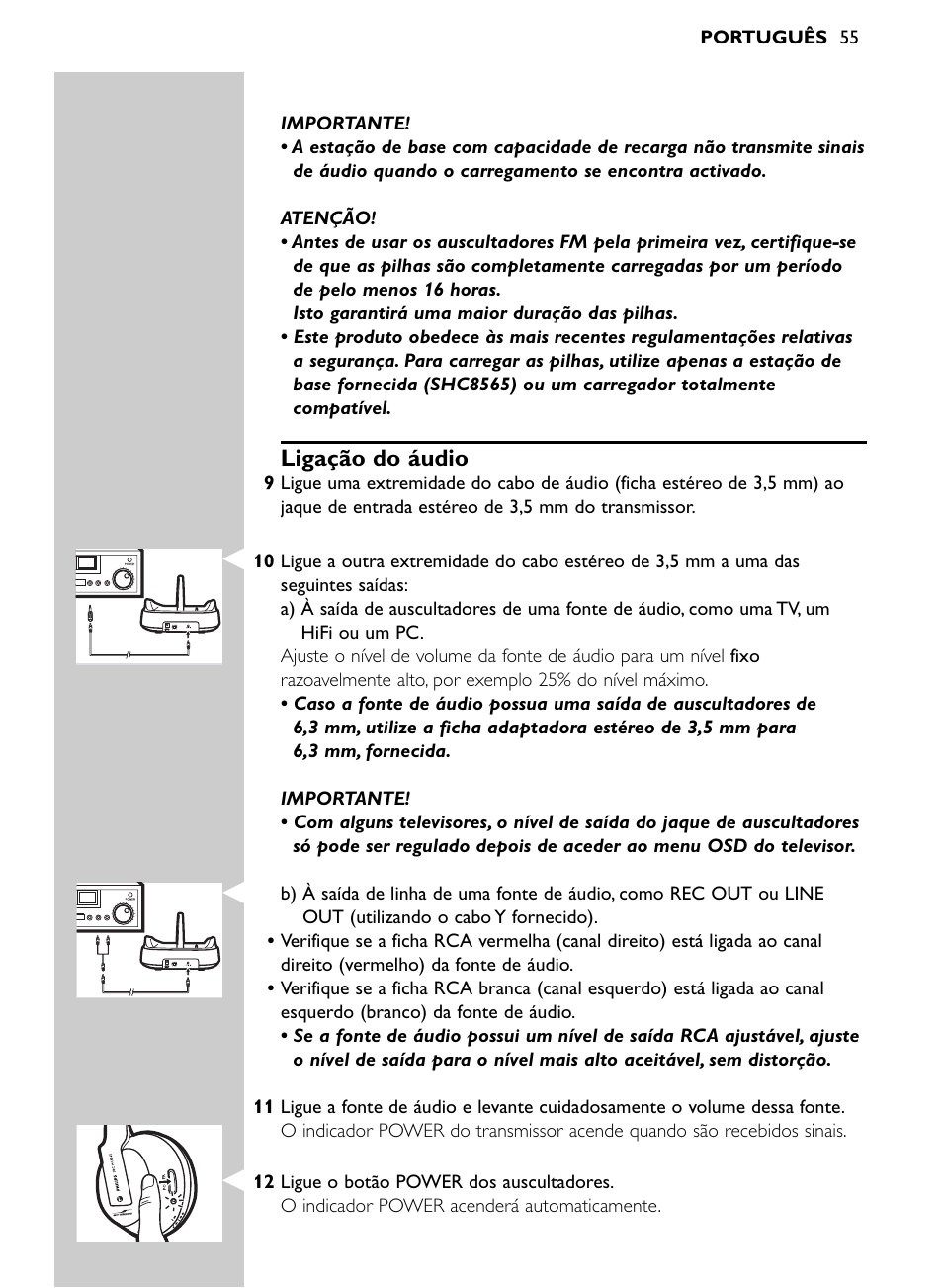 Ligação do áudio | Philips SHC8565-00 User Manual | Page 55 / 150