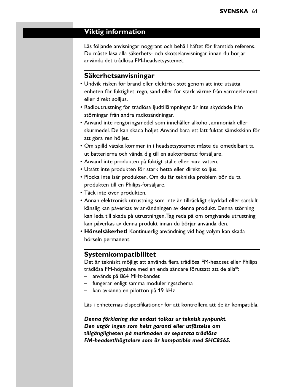 Viktig information, Säkerhetsanvisningar, Systemkompatibilitet | Philips SHC8565-00 User Manual | Page 61 / 150