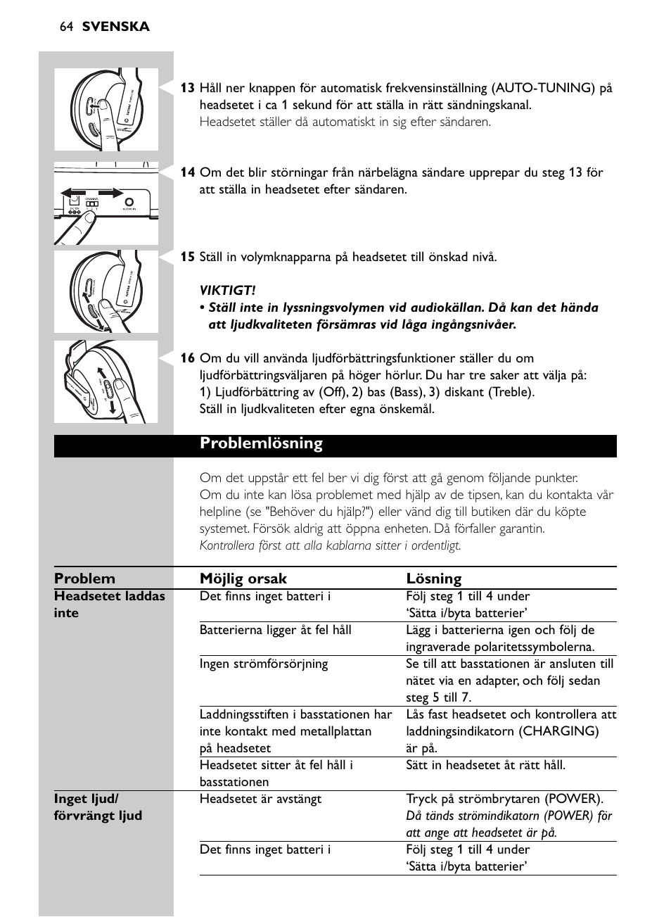 Problemlösning | Philips SHC8565-00 User Manual | Page 64 / 150