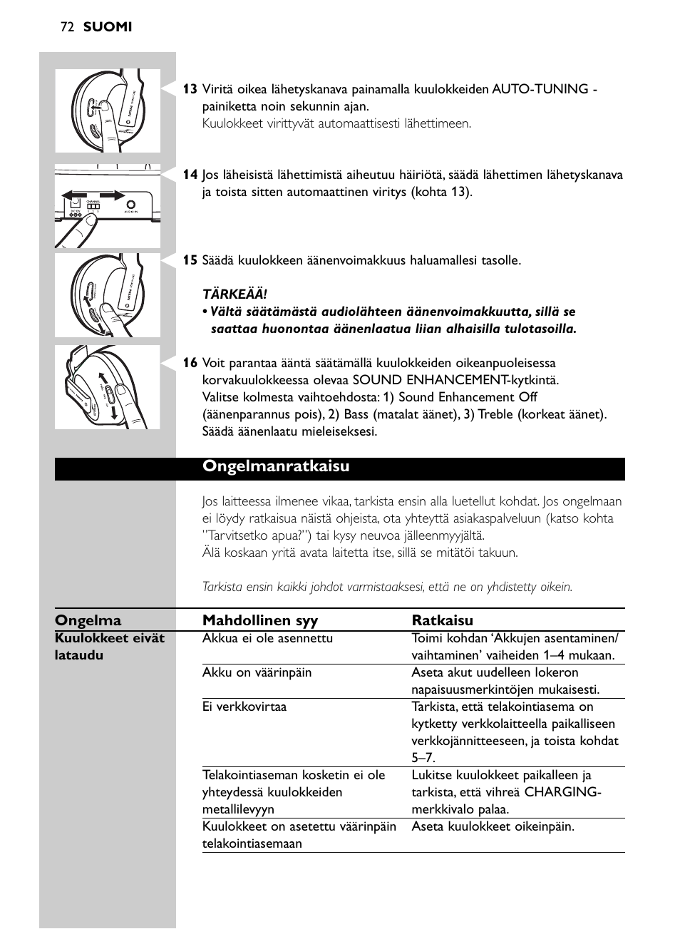 Ongelmanratkaisu | Philips SHC8565-00 User Manual | Page 72 / 150