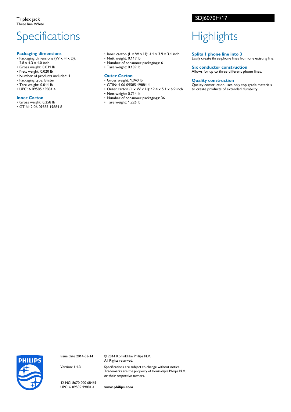 Specifications, Highlights | Philips SDJ6070H-17 User Manual | Page 2 / 2