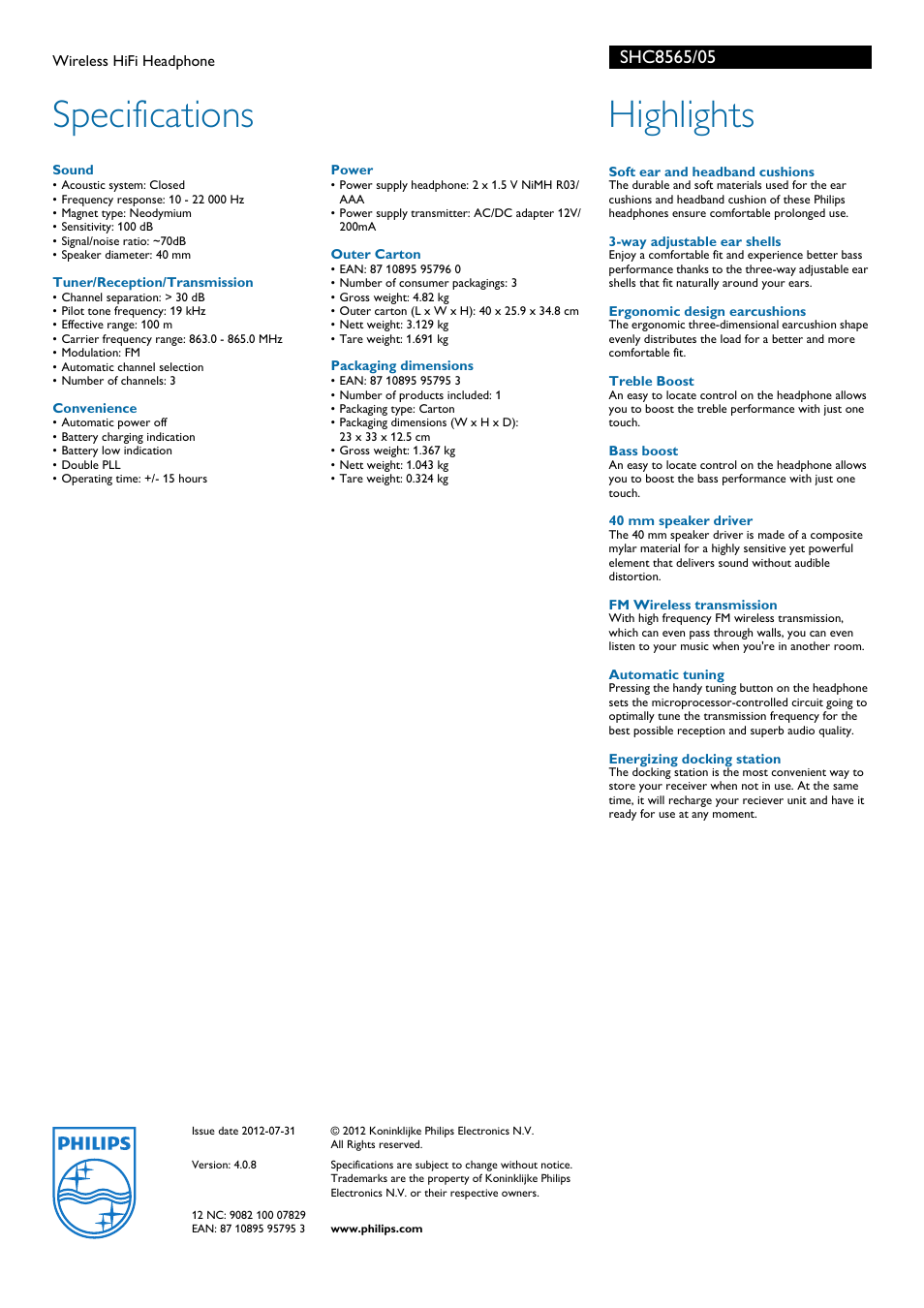 Specifications, Highlights | Philips SHC8565-05 User Manual | Page 2 / 2