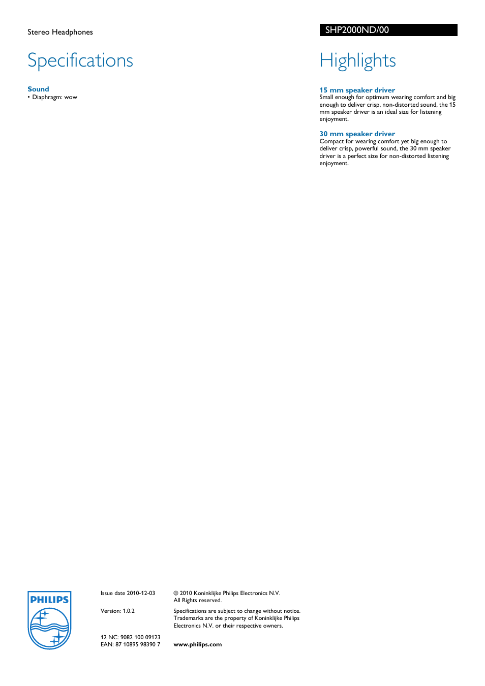 Specifications, Highlights | Philips SHP2000ND-00 User Manual | Page 2 / 2