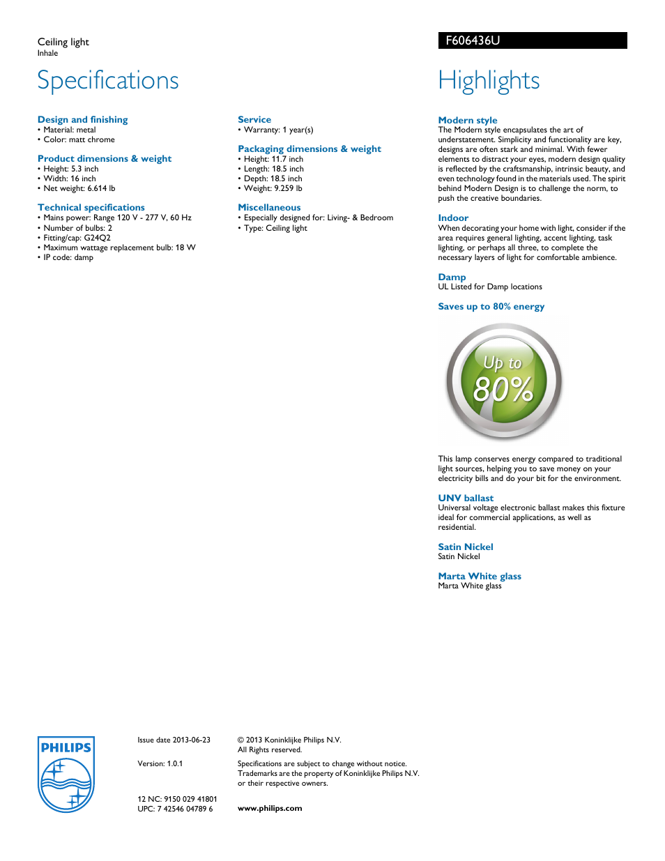 Specifications, Highlights | Philips F606436U User Manual | Page 2 / 2