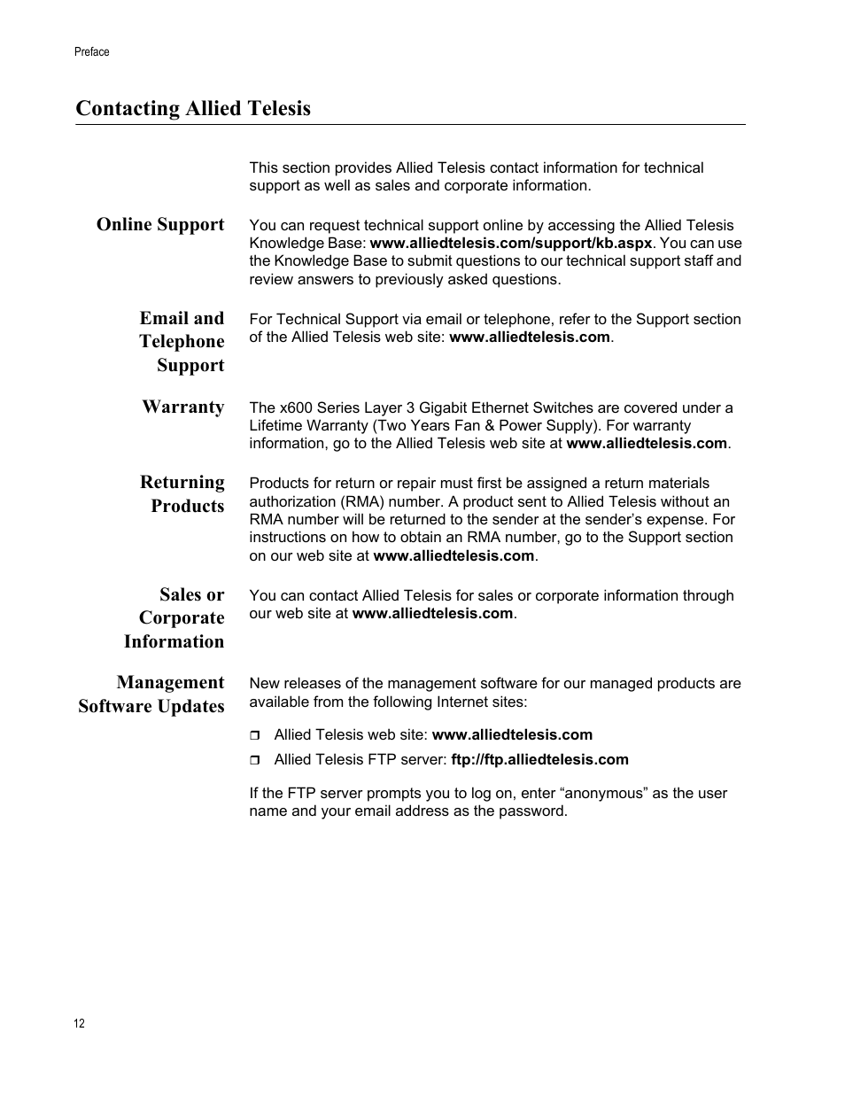 Contacting allied telesis, Online support, Email and telephone support | Warranty, Returning products, Sales or corporate information, Management software updates | Allied Telesis Layer 3 Gigabit Ethernet Switch x600-24Ts/XP User Manual | Page 12 / 72