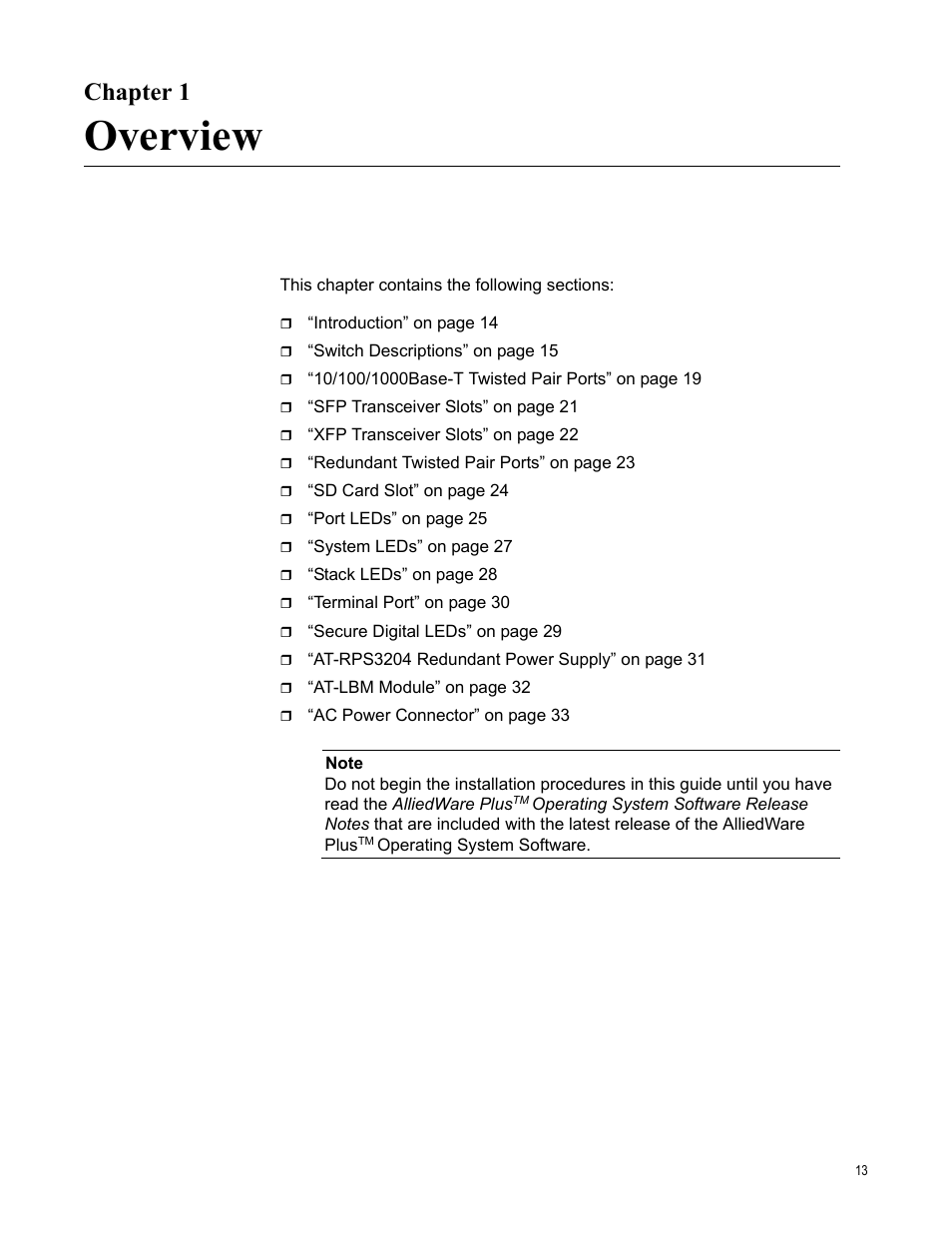 Chapter 1, Overview, R 1: overview | Allied Telesis Layer 3 Gigabit Ethernet Switch x600-24Ts/XP User Manual | Page 13 / 72