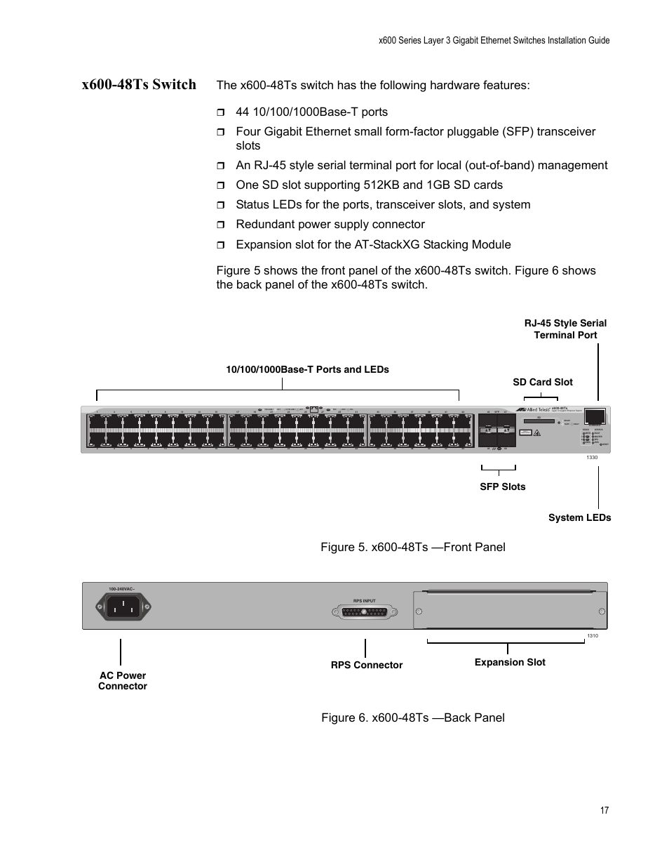 X600-48ts switch, One sd slot supporting 512kb and 1gb sd cards, Redundant power supply connector | Class 1 laser product | Allied Telesis Layer 3 Gigabit Ethernet Switch x600-24Ts/XP User Manual | Page 17 / 72