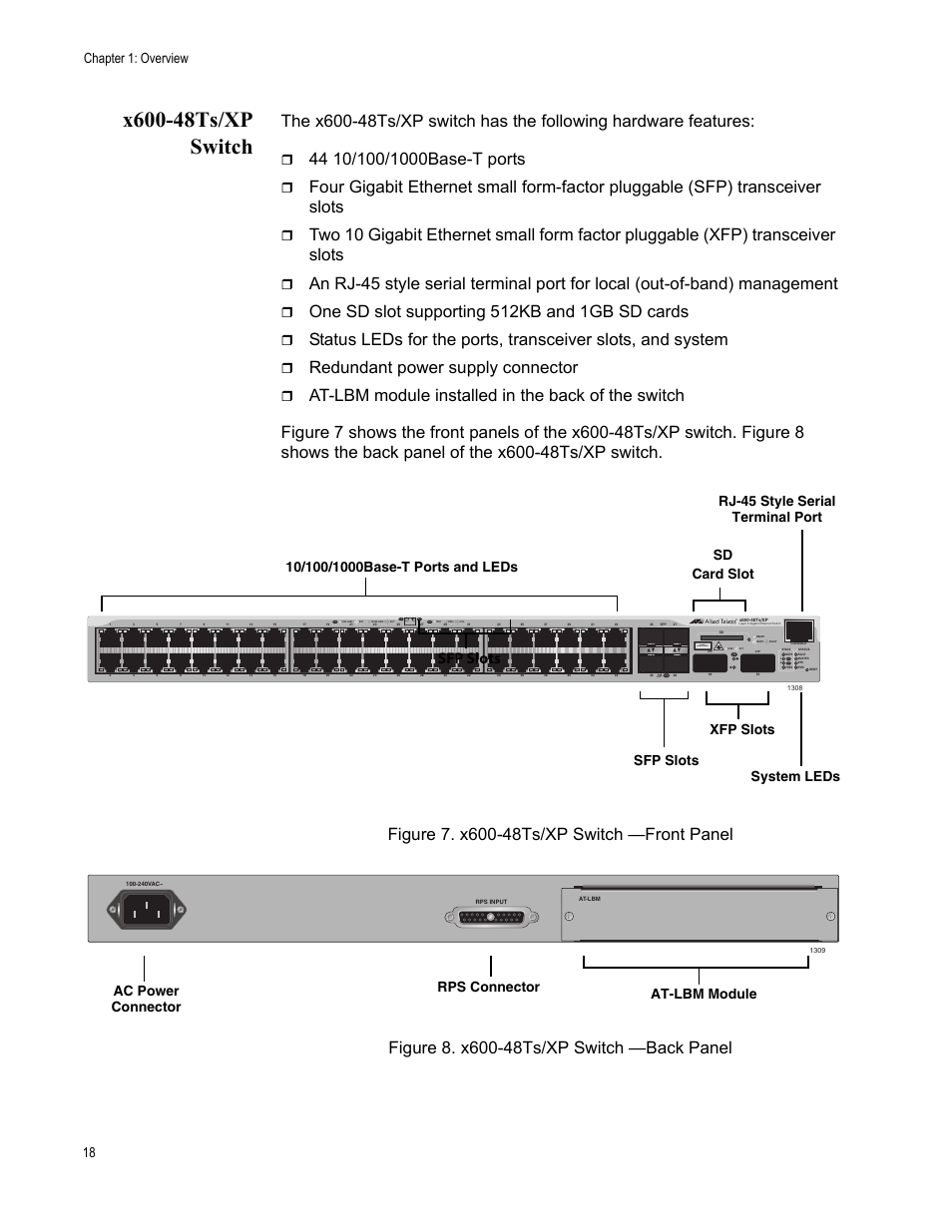 X600-48ts/xp switch, One sd slot supporting 512kb and 1gb sd cards, Redundant power supply connector | Sfp slots, Chapter 1: overview 18, Class 1 laser product | Allied Telesis Layer 3 Gigabit Ethernet Switch x600-24Ts/XP User Manual | Page 18 / 72
