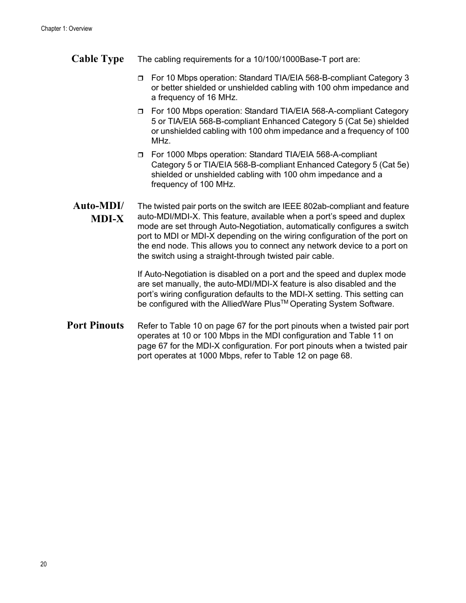 Cable type, Auto-mdi/ mdix, Port pinouts | Cable type auto-mdi/mdi-x port pinouts, Auto-mdi/ mdi-x | Allied Telesis Layer 3 Gigabit Ethernet Switch x600-24Ts/XP User Manual | Page 20 / 72