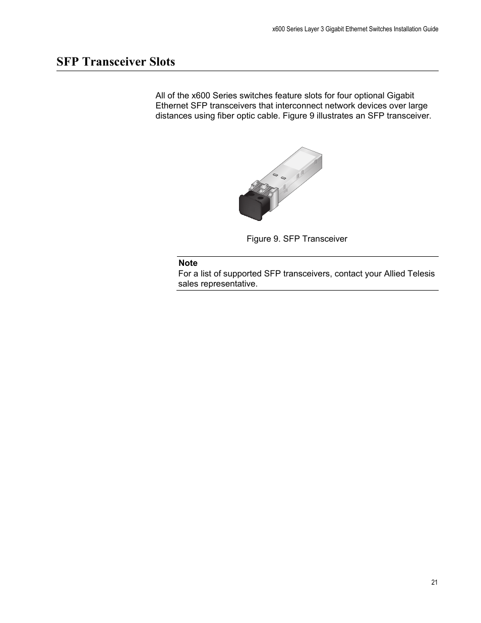 Sfp transceiver slots | Allied Telesis Layer 3 Gigabit Ethernet Switch x600-24Ts/XP User Manual | Page 21 / 72