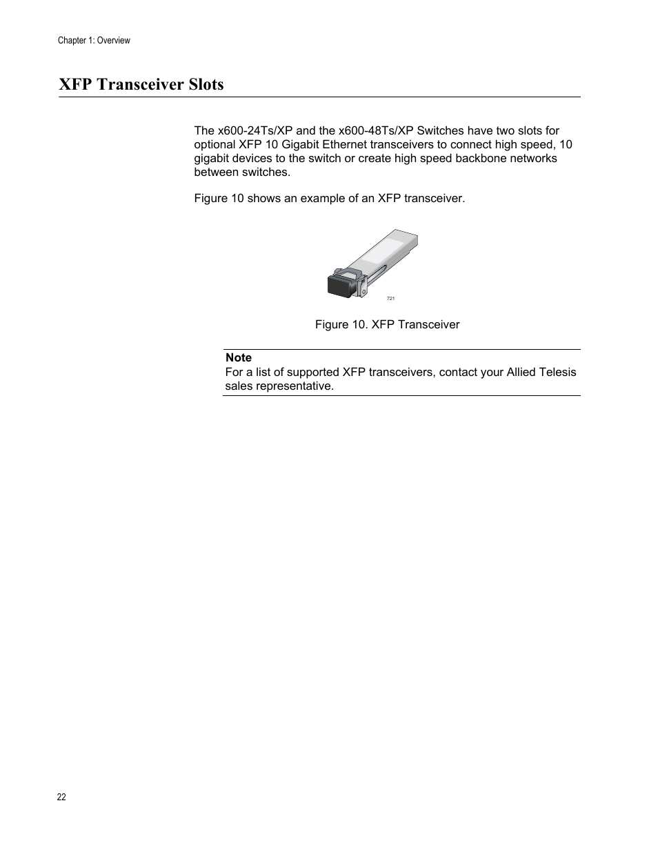 Xfp transceiver slots | Allied Telesis Layer 3 Gigabit Ethernet Switch x600-24Ts/XP User Manual | Page 22 / 72