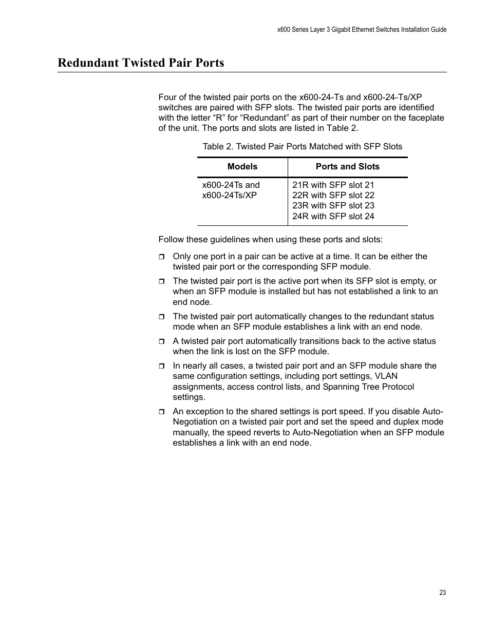 Redundant twisted pair ports | Allied Telesis Layer 3 Gigabit Ethernet Switch x600-24Ts/XP User Manual | Page 23 / 72