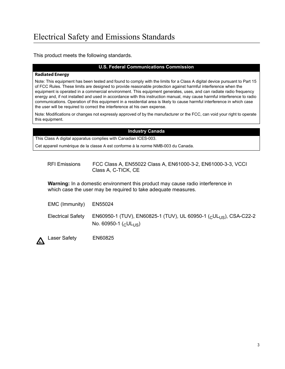 Electrical safety and emissions standards | Allied Telesis Layer 3 Gigabit Ethernet Switch x600-24Ts/XP User Manual | Page 3 / 72