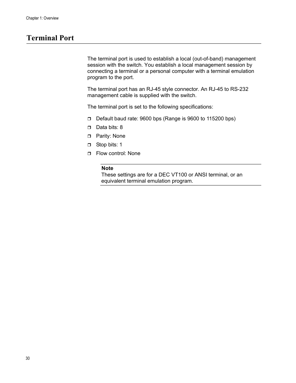 Terminal port | Allied Telesis Layer 3 Gigabit Ethernet Switch x600-24Ts/XP User Manual | Page 30 / 72