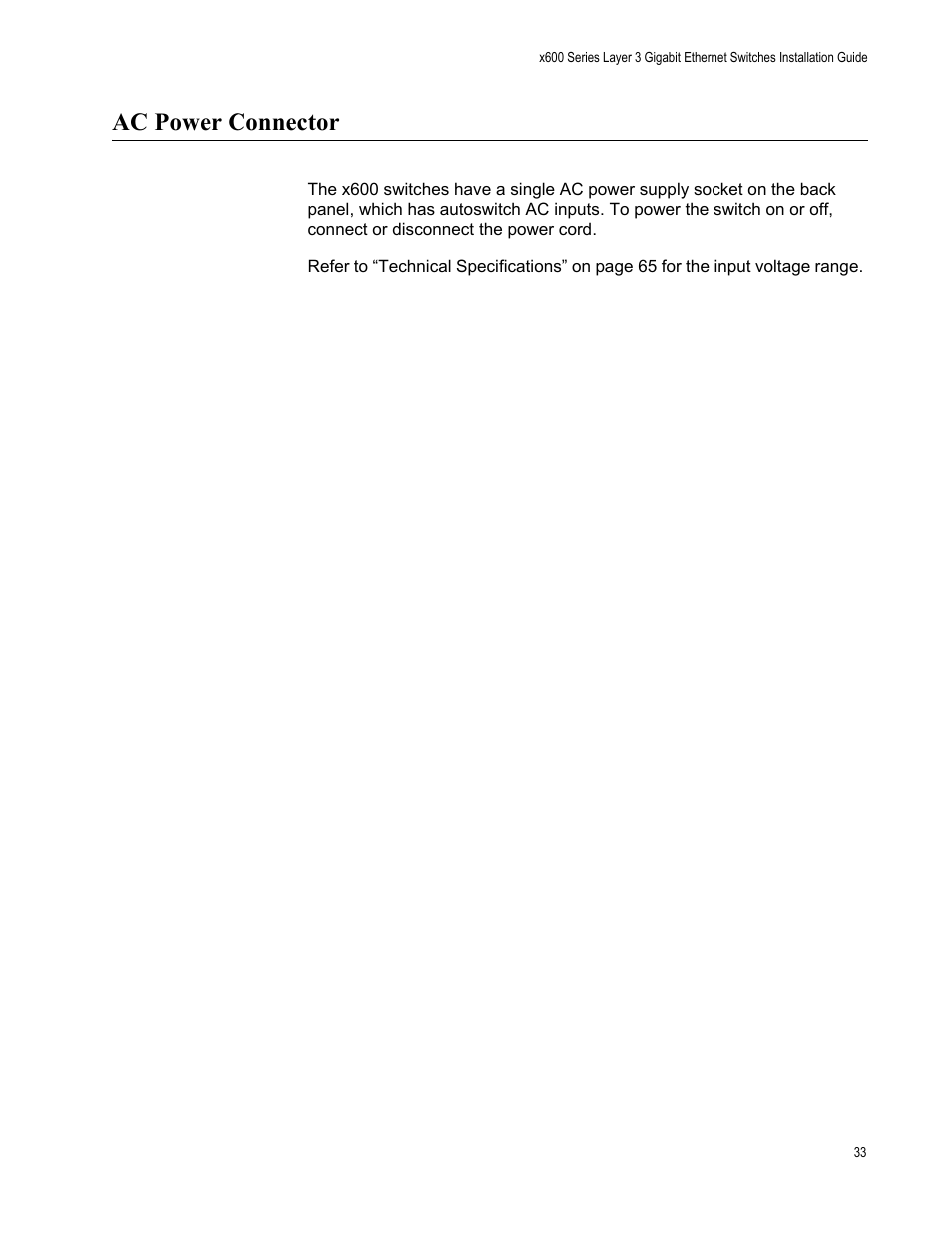 Ac power connector | Allied Telesis Layer 3 Gigabit Ethernet Switch x600-24Ts/XP User Manual | Page 33 / 72