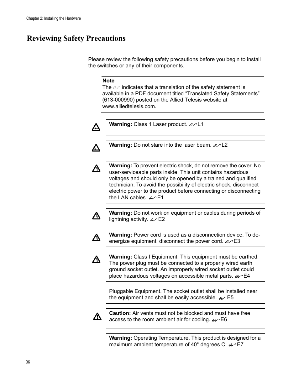Reviewing safety precautions | Allied Telesis Layer 3 Gigabit Ethernet Switch x600-24Ts/XP User Manual | Page 36 / 72