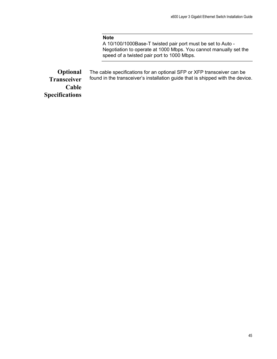 Optional transceiver cable specifications | Allied Telesis Layer 3 Gigabit Ethernet Switch x600-24Ts/XP User Manual | Page 45 / 72
