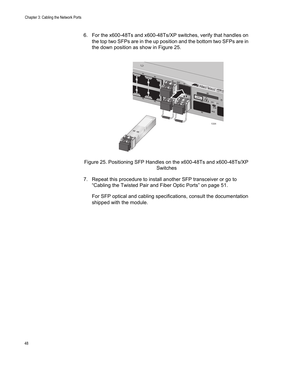 Chapter 3: cabling the network ports 48 | Allied Telesis Layer 3 Gigabit Ethernet Switch x600-24Ts/XP User Manual | Page 48 / 72