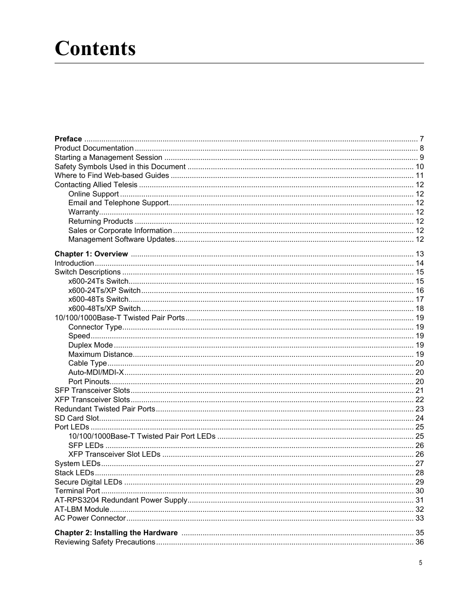 Allied Telesis Layer 3 Gigabit Ethernet Switch x600-24Ts/XP User Manual | Page 5 / 72