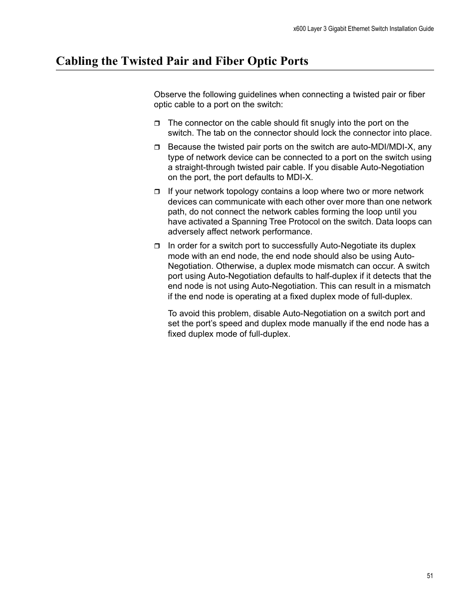 Cabling the twisted pair and fiber optic ports | Allied Telesis Layer 3 Gigabit Ethernet Switch x600-24Ts/XP User Manual | Page 51 / 72
