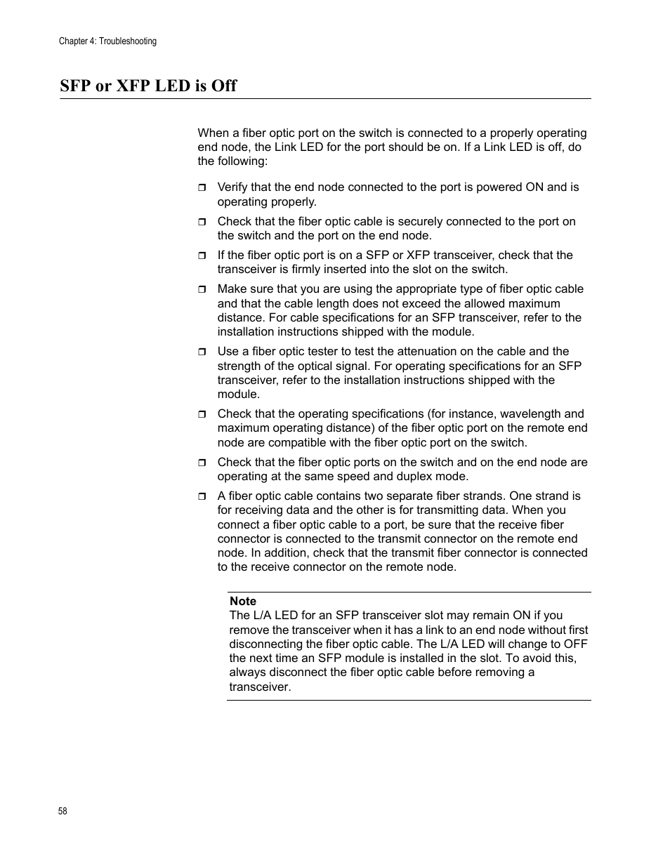 Sfp or xfp led is off | Allied Telesis Layer 3 Gigabit Ethernet Switch x600-24Ts/XP User Manual | Page 58 / 72