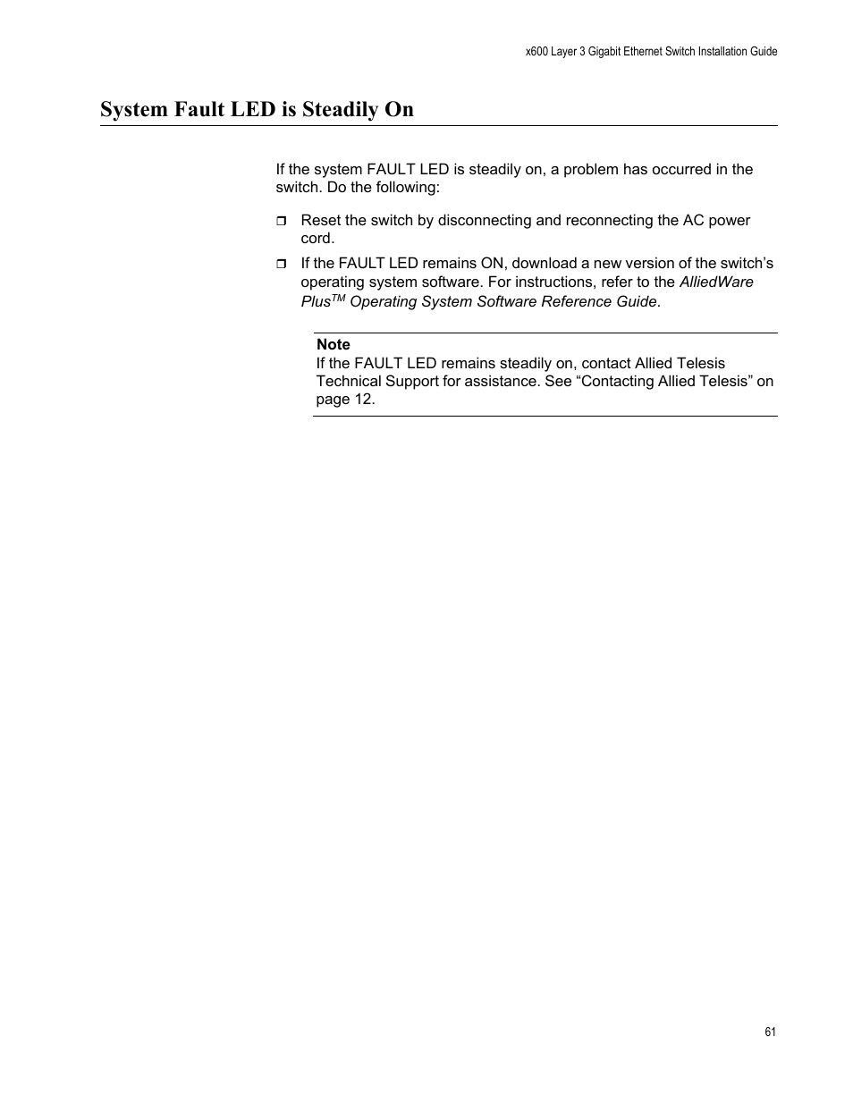 System fault led is steadily on | Allied Telesis Layer 3 Gigabit Ethernet Switch x600-24Ts/XP User Manual | Page 61 / 72