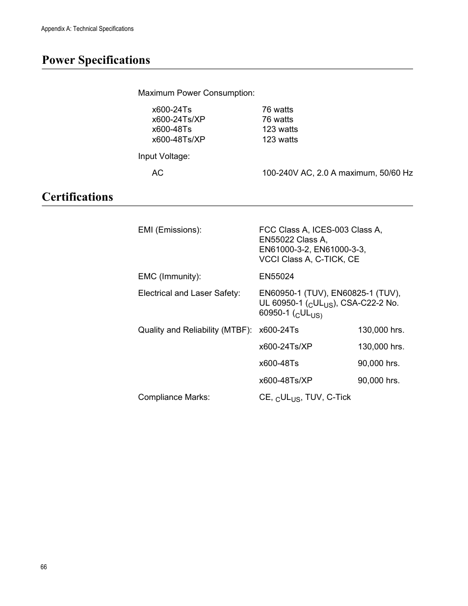 Power specifications, Certifications, Power specifications certifications | Allied Telesis Layer 3 Gigabit Ethernet Switch x600-24Ts/XP User Manual | Page 66 / 72
