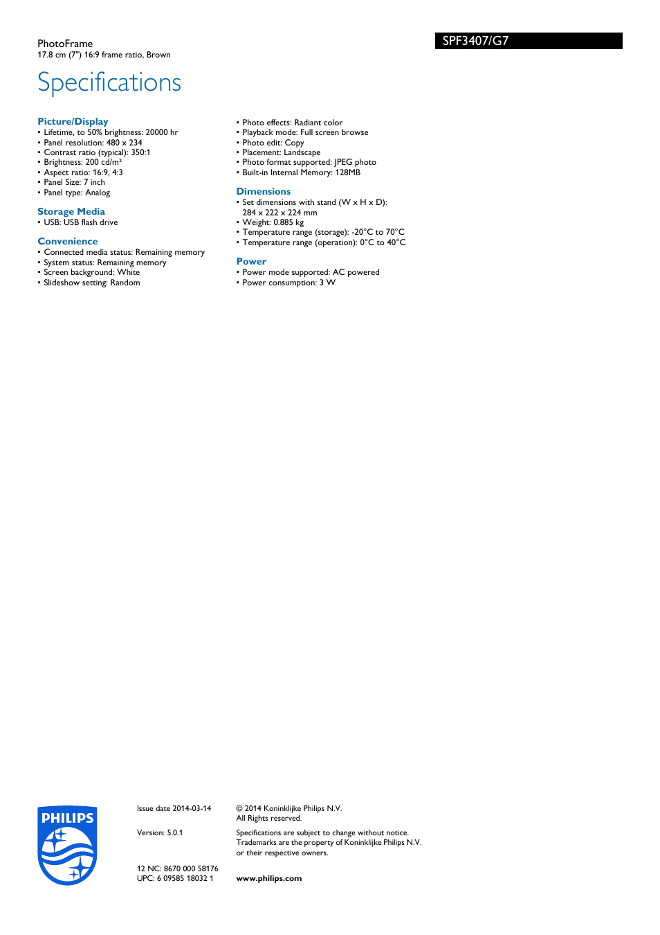 Specifications | Philips SPF3407-G7 User Manual | Page 2 / 2