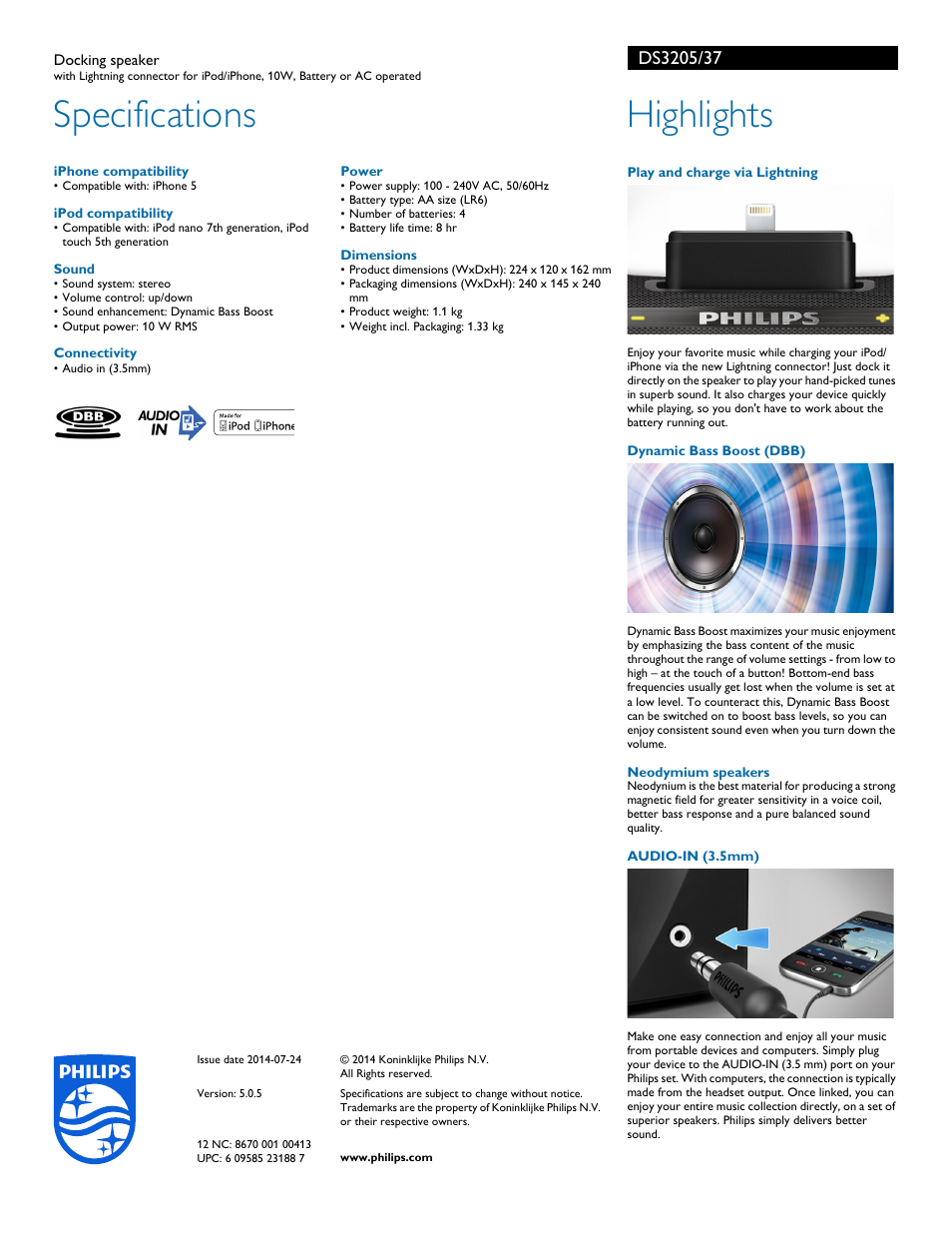 Specifications, Highlights | Philips DS3205-37 User Manual | Page 2 / 2