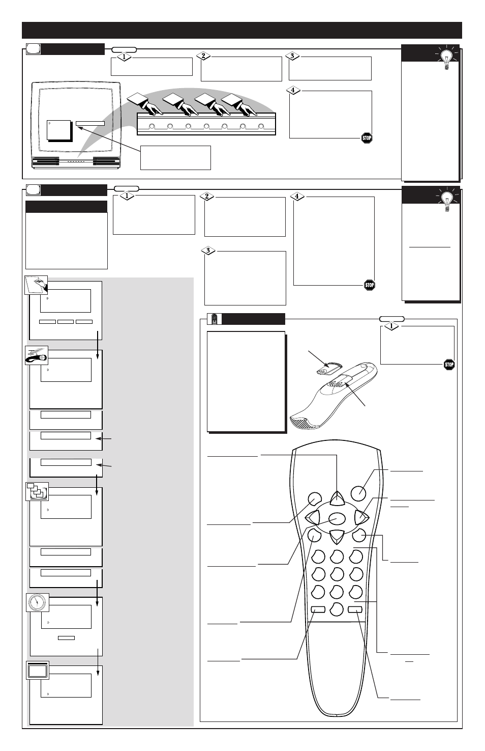 Ow to, Se and, Etup our | For the, Irst, Exit, Elevision, Emote, Power ▼ menu ▲ ▼ ch + ▲ – ▼ vol | Philips 25TS54C User Manual | Page 3 / 8